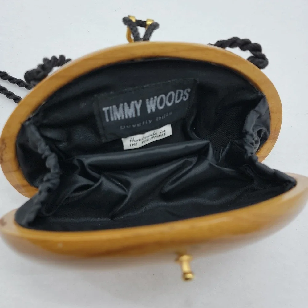 Timmy Woods Beverly Hills Handcrafted Clutch Bag Black Tassel Strap Acacia Wood